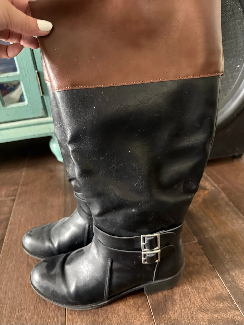 Classic Two-Tone Buckle Riding Boots — Black and Brown Wide Calf